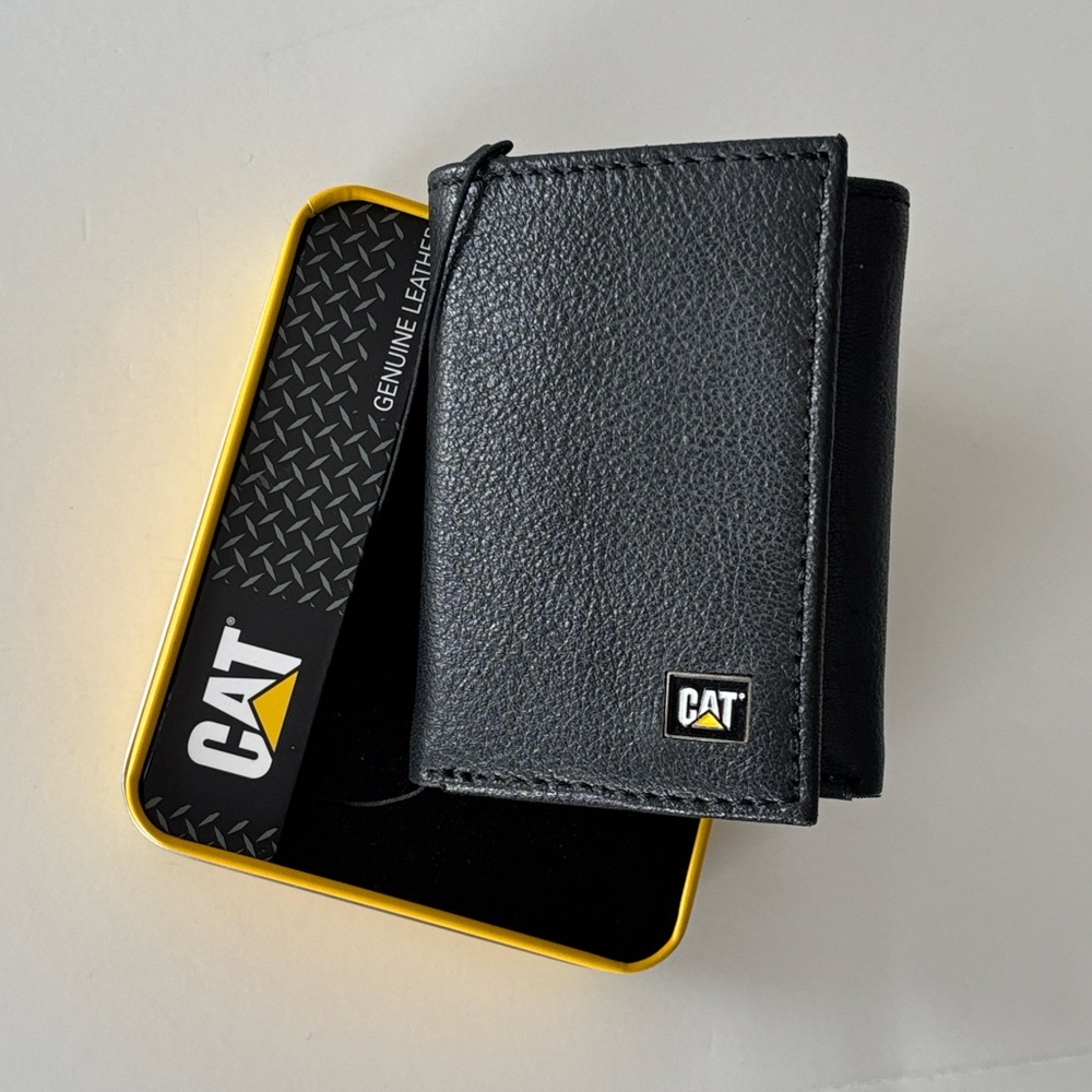 CAT Caterpillar Trifold Black Leather RFID Protected Wallet with Enamel Logo